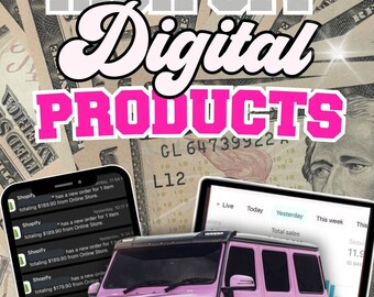 May include: A collage of images depicting the concept of "Rich Off Digital Products". The collage includes a pink luxury SUV, a pink designer handbag, a pink quilted handbag, and a laptop screen displaying a sales graph. The background is a collage of US dollar bills.