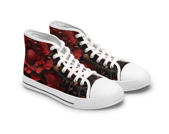 Vintage Black and Red Flower Converse Style Women's High Top Trainers, Canvas Sneaker, Unique Sneaker, Flowery trainer, Canvas Shoe, Ankle