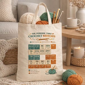 Bolso de tela con referencia de puntos de ganchillo / Tabla de ganchillo Bolso de lona, tabla periódica de ganchillo, bolso de ganchillo