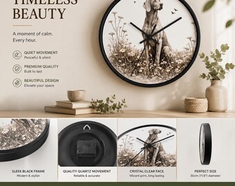 Weimaraner in Wildflowers Wall Clock | Sepia Dog Art, Rustic Home Decor, Weimaraner Clock, Pet Dog Clock