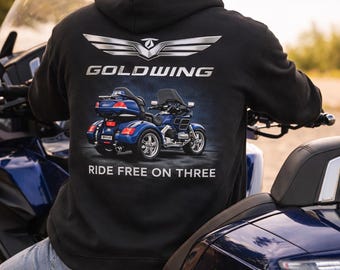 Goldwing Trike Hoodie,Ride Free on Three,Honda Gold Wing Sweatshirt,Biker Gift,Motorcycle Hoodie,Touring Rider Apparel, Honda Bike