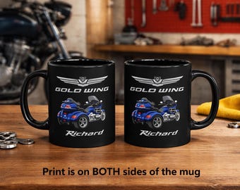 Personalised Gold Wing Motorcycle Mug , Custom Name Black Coffee Mug Gift for Biker, Honda Trike Rider Cup, Gift for Him