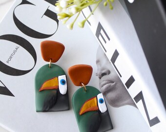 Toucan Polymer Clay Earrings, Bird Earrings, Statement Earrings, Tropical Jewelry, Hypoallergenic Earrings, Bird Jewelry, Toucan