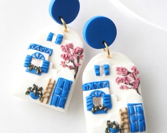Mamma Mia Polymer Clay Earrings, Santorini Earrings, Statement Earrings, Greece Inspired, Hypoallergenic, Vacation Earrings, Blue and White