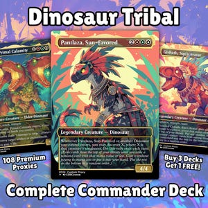 May include: Three fantasy trading cards featuring dinosaur illustrations. The cards are labeled "Dinosaur Tribal" and "Complete Commander Deck." The cards feature text and illustrations of dinosaurs with various abilities and stats.