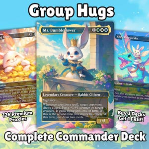 Peut inclure: Trois cartes de jeu de cartes à collectionner sur le thème de la fantaisie. Les cartes présentent des illustrations de lapins et d'un dragon. Le texte "Group Hugs" et "Complete Commander Deck" sont affichés. Les cartes sont intitulées "Ms. Bumbleflower", "Smothering Tithe" et "Shricking Drake".
