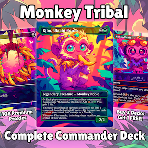 May include: A vibrant image showcases three trading card game cards with a monkey theme. The cards feature colorful illustrations of monkeys, bananas, and jungle elements. Text includes "Monkey Tribal" and "Complete Commander Deck."