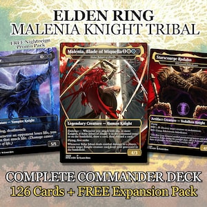 May include: Three collectible trading cards featuring characters from Elden Ring. The cards display images of a vampire knight, a human knight, and a vedalken knight. Text on the cards includes character names and game-related information. The set is labeled as a "COMPLETE COMMANDER DECK".