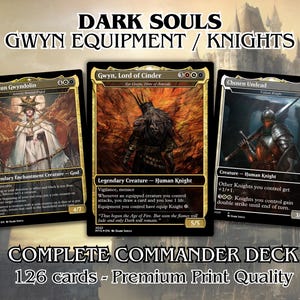 May include: Three trading cards from the Dark Souls series. The cards feature characters like Dark Sun Gwyndolin, Gwyn Lord of Cinder, and Chosen Undead. The cards are part of a Complete Commander Deck with 126 cards and premium print quality.