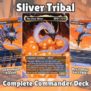 May include: Image of three Magic: The Gathering cards with the text "Sliver Tribal" and "Complete Commander Deck". The cards feature fantasy art of creatures in shades of blue, orange, and black. The text "126 Premium Proxies" is also visible.
