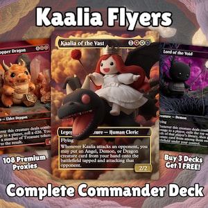 May include: Image of three Magic: The Gathering cards. The cards feature fantasy creatures and characters, including a dragon, a cleric riding a dragon, and a demon. The text "Kaalia Flyers" and "Complete Commander Deck" are also visible.