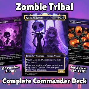 May include: A promotional image for a "Zombie Tribal" Complete Commander Deck, featuring three custom Magic: The Gathering cards. The cards have a purple and black color scheme with illustrations of zombies and Halloween-themed characters. The text "Zombie Tribal" and "Complete Commander Deck" are displayed.