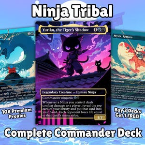 Puede incluir: Imagen promocional para un mazo Commander "Ninja Tribal", con tres cartas ilustradas. La carta central representa un gato ninja negro. El texto incluye "108 Premium Proxies" y "Buy 3 Decks Get 1 FREE!"