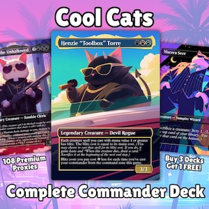Peut inclure: Trois cartes à collectionner illustrées avec des chats anthropomorphes. Les cartes sont intitulées "Cool Cats" et comprennent du texte tel que "Créature légendaire" et "Jeu de commandement complet."