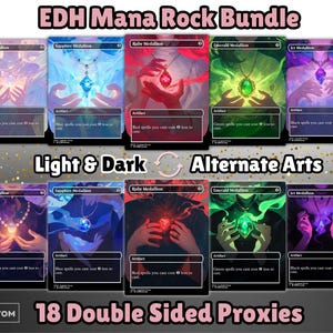 May include: A set of 18 double-sided proxy cards with alternate art. The cards display mana rock designs, such as Pearl, Sapphire, Ruby, Emerald, and Jet Medallions. The text "EDH Mana Rock Bundle" and "Light & Dark Alternate Arts" are visible on the cards.