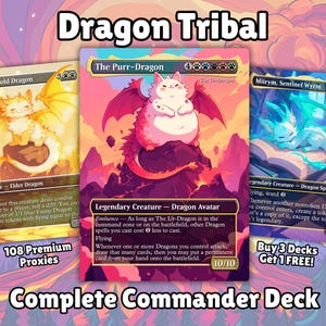 Puede incluir: Imagen de tres cartas de juego de fantasía con ilustraciones de dragones. Las cartas están etiquetadas como "Ancient Gold Dragon", "The Purr-Dragon" y "Miirym, Sentinel Wyrm". También se ve el texto "Dragon Tribal" y "Complete Commander Deck".