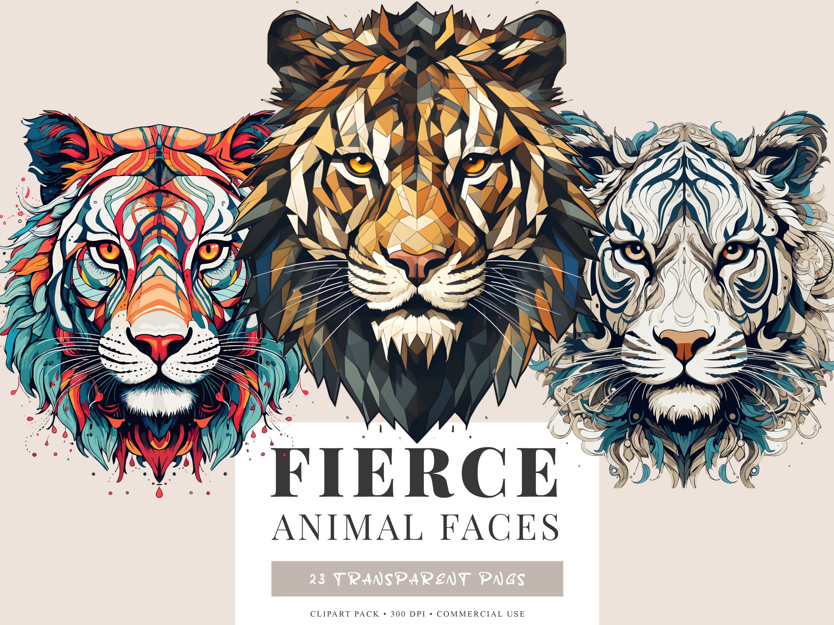 Fierce Animal Faces Clipart Watercolor, Clipart for Commercial Use ...