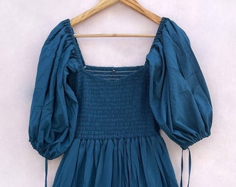 solid crystal teal color look long cotton maxi dress / square neckline with smocking maxi dress / 3/4th sleeve summer wear dress