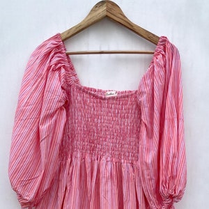 peach stripe hand block print cotton long maxi dress / square neckline with smocking maxi dress / 3/4th sleeve with cotton ties maxi dress