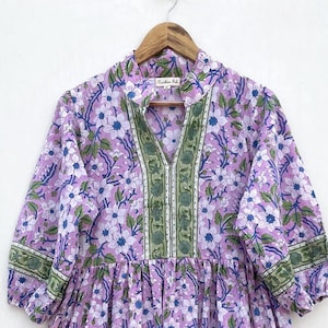 sea purple flower printed cotton long maxi dress / collared neckline with beautiful trim long maxi dress / 3/4th sleeve long maxi dress