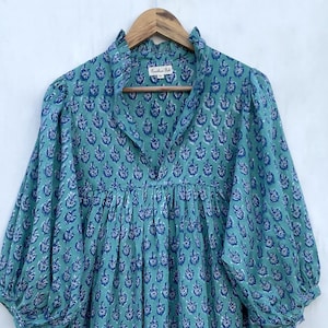 summer green booty printed long maxi dress / v neckline block printed long maxi dress / 3/4th sleeve with button maxi dress