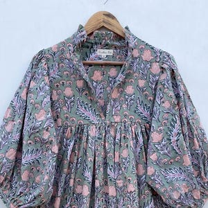 green peach tulip printed cotton long maxi dress / v neckline summer maxi dress / 3/4th sleeve with button long maxi dress