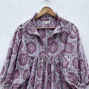 big circle flower print cotton block printed long maxi dress / v neckline summer maxi dress / 3/4th sleeve with button long maxi dress