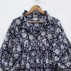black jaal printed cotton long summer maxi dress / v neckline boho long maxi dress / 3/4th sleeve with button long maxi dress