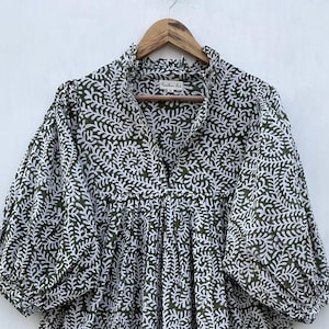 green chakri printed cotton fall look long maxi dress / v neckline women wear maxi dress / 3/4th sleeve with button boho long maxi dress