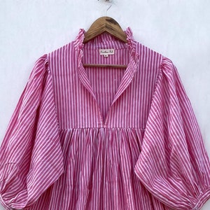 pink long striped hand block printed long maxi dress / v neckline cotton long maxi dress / 3/4th sleeve with button boho long maxi dress