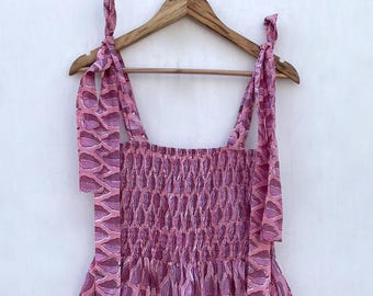 peach leaves printed casual wear long maxi dress / square neckline with smocking maxi dress / sleeve less strap boho long maxi dress