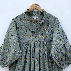 forest green jaal printed cotton long maxi dress / v neckline bohemian look long maxi dress / 3/4th sleeve with button long maxi dress