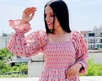 pink flower booty printed cotton dress / summer block printed dress / long sleeve / square neckline with smocked  / block printed dress