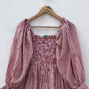 red striped bohemian style long maxi dress / square neckline with smocking maxi dress / long sleeve casual maxi dress