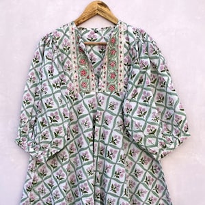 green pink florals hand block printed maxi dress / summer henley neckline with button maxi dress / 3/4th sleeve with button maxi dress