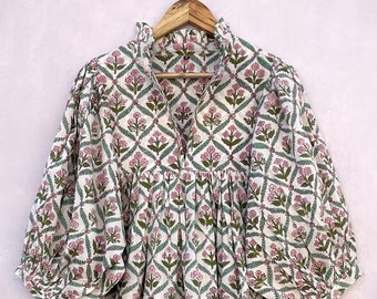Robe longue longue à volants imprimés de feuilles roses vertes / Robe longue en coton à décolleté en V / Robe imprimée à manches 3/4 avec bloc de boutons