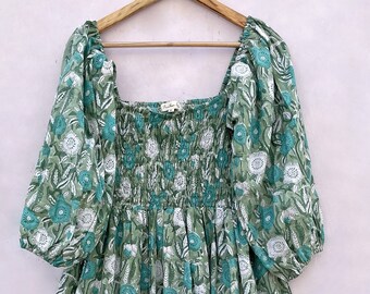 Vestido largo de verano de algodón con estampado de tulipanes verdes, escote cuadrado y fruncido, manga 3/4