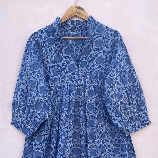 blue flower jaal printed cotton long maxi dress / v neckline summer maxi dress / 3/4th sleeve with buttons bohemian maxi dress
