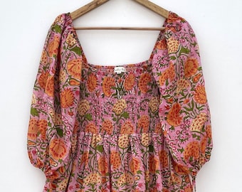 orange floral printed summer look hot long maxi dress / square neckline with smocking boho maxi dress / 3/4th sleeve with cotton ties dress