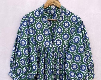 green blue flower printed cotton long maxi dress / Henley neckline summer maxi dress / 3/4th sleeve with button boho maxi dress