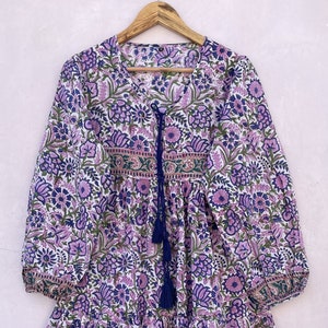 purple blue flower printed cotton long maxi dress / v neckline with tassel maxi dress / long sleeve bohemian maxi dress