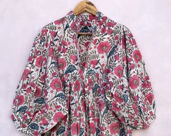 Robe longue en coton imprimé fleurs rose ensoleillé / robe longue bohème à décolleté en V / robe longue pour femme à manches 3/4 et bouton