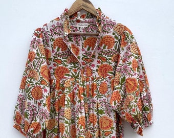 bohemian look orange floral printed long maxi dress / v neckline summer look maxi dress / 3/4th sleeve with buttons printed long maxi dress