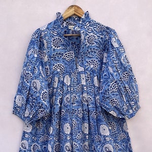 beach blue block printed long maxi dress / v neckline women wear maxi dress / 3/4th sleeve with button frill maxi dress