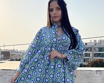 Olive Green & White Block Print Maxi Dress  Cotton Boho Long Dress With  Puff Sleeves - Etsy