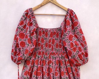 cotton hand block printed women wear long maxi dress / square neckline with smocking maxi dress / 3/4th sleeve with cotton ties maxi dress