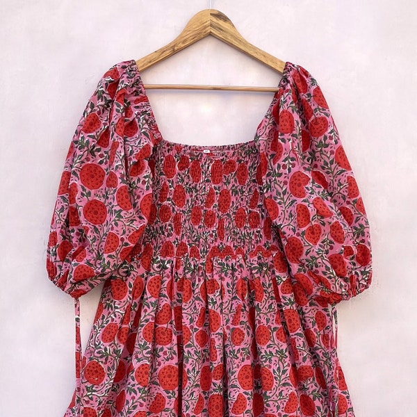 Abito lungo maxi da donna in cotone stampato a mano con blocchi / abito maxi con scollo quadrato e arricciatura / abito maxi con maniche a 3/4 e lacci in cotone