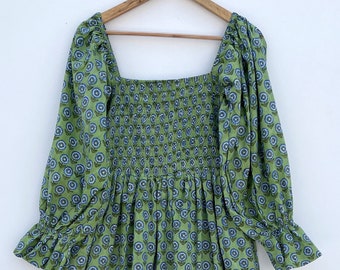 green blue little booty printed cotton summer maxi dress / square neckline with smocking maxi dress / long sleeve bohemian maxi dress