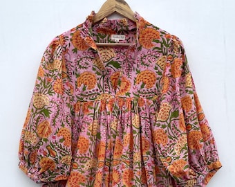 hot pink cotton block printed long maxi dress / v neckline summer maxi dress / 3/4th sleeve with button boho long maxi dress
