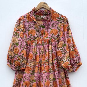 hot pink cotton block printed long maxi dress / v neckline summer maxi dress / 3/4th sleeve with button boho long maxi dress